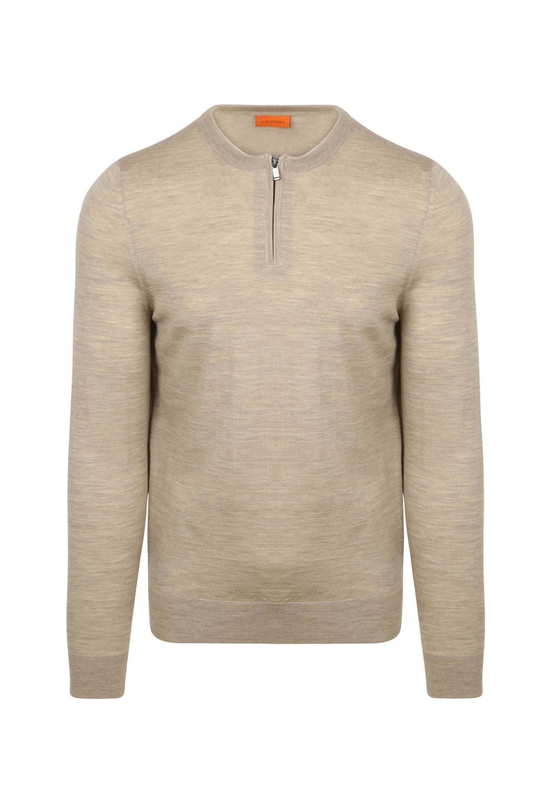 Beige trui met lange mouwen, een ronde hals en een half-rits sluiting aan de voorkant. Zachte textuur en subtiel patroon overal.