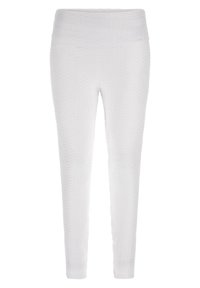 Bílé texturované legíny s vysokým pasem a širokým pasem, navržené pro těsný střih a celkovou délku.