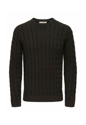 Pull marron foncé en maille torsadée à manches longues avec col rond, poignets et bas-côtes, fabriqué en tissu épais texturé.