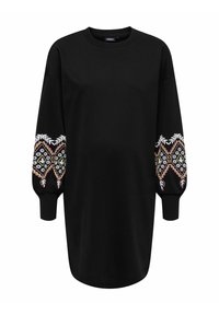 Robe sweat noire avec de longues manches bouffantes ornées de broderies florales intriquées en blanc, rose et jaune, des poignets côtelés et un col rond.