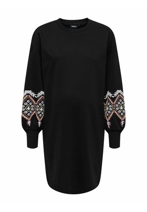 Black sweatshirt dress featuring long, puffed sleeves with intricate floral embroidery in white, pink, and yellow, ribbed cuffs, and a round neckline.