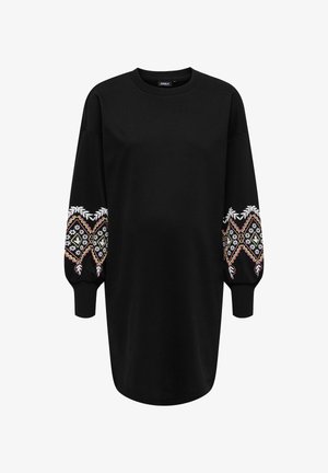 Black sweatshirt dress featuring long, puffed sleeves with intricate floral embroidery in white, pink, and yellow, ribbed cuffs, and a round neckline.