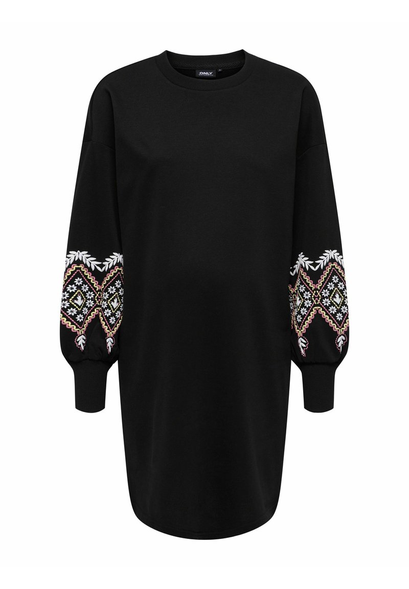 Robe sweat noire avec de longues manches bouffantes ornées de broderies florales intriquées en blanc, rose et jaune, des poignets côtelés et un col rond.