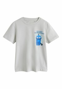 Hellgraues Baumwoll-T-Shirt mit einem farbenfrohen Druck eines blauen Cartoon-Charakters und dem Text "KPOP DEMONHUNTERS" darüber.