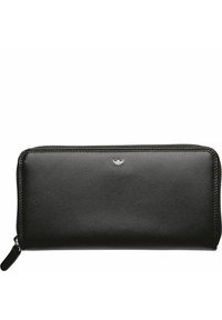 Cartera de cuero negro con cierre de cremallera, textura suave, forma rectangular y un pequeño logo en la parte frontal. Sin decoraciones adicionales.