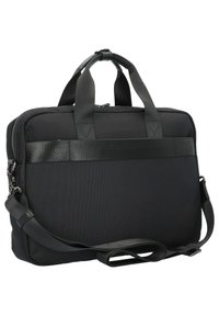 Sacoche pour ordinateur portable en nylon noir avec une finition texturée, double poignées supérieures, bandoulière réglable et fermeture zippée. Design simple et fonctionnel.