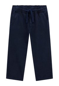 Marinblå byxor med elastisk midja och dragsko. Har två sidofickor och en rak ben-design. Material av bomullsblandning.