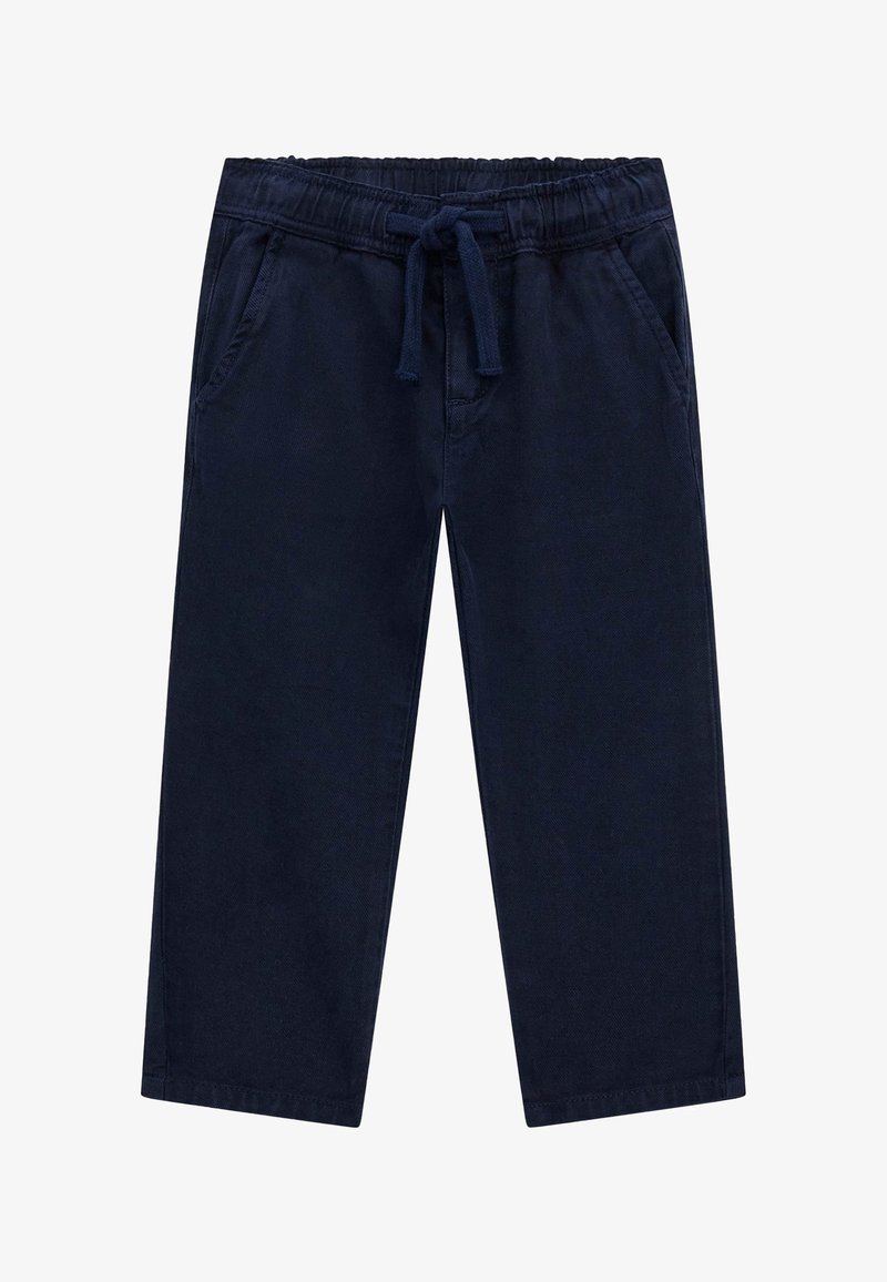 Navy blue trousers with an elastic waist and drawstring. Features two side pockets and a straight leg design. Cotton blend material.