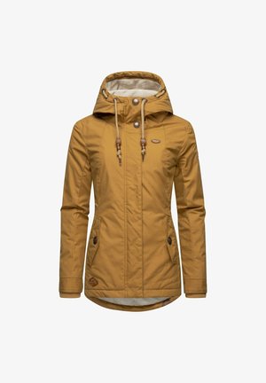 Veste à capuche jaune avec fermeture éclair à l'avant, cordons réglables, deux poches latérales et poignets côtelés. L'intérieur est doublé d'un tissu léger.