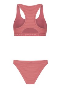 Ružový rebrovaný bikiny set s topom s pretekarským chrbtom a detailom loga a zodpovedajúcimi spodkami. Materiál je elastický a hladký.