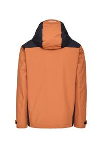 Orange waterproof Jacke mit schwarzen Akzenten, mit Kapuze, langen Ärmeln und Seitenpaneelen, aus strapazierfähigem, strukturiertem Stoff gefertigt.