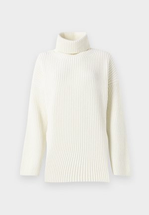 Kremno obarvana rebrasta turtleneck pulover s dolgimi rokavi in sproščenim krojem. Mehak material in brezšivna zasnova povečujeta udobje.