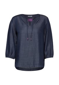 Dunkelblaue Denim-Bluse mit V-Ausschnitt und Kordelzugverschluss. Sie hat Dreiviertelärmel mit elastischen Bündchen und einen abgerundeten Saum.