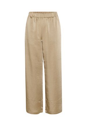 Pantalons larges beige avec une taille élastique, fabriqués en tissu doux et texturé, avec une finition lisse et une coupe ample tout au long.