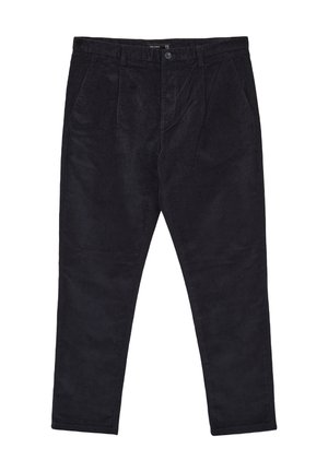 Pantalons droits en velours côtelé noir avec poches latérales, passants de ceinture et fermeture à bouton à la taille.