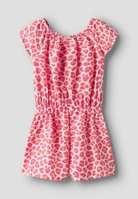 Roze luipaardprint romper met korte mouwen, geraffineerde halslijn en elastieke taille. Lichtgewicht stof met een gladde textuur.