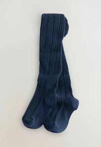 Mörkblå strumpbyxor i texturerad tyg med kabelstickad mönster, med förstärkta tår och en slät yta.