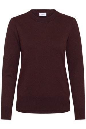 Bordový pletený sveter s okrúhlym výstrihom, dlhými rukávmi, rebrovanými manžetami a mierne predĺženým zadným lemom pre pohodlný strih.