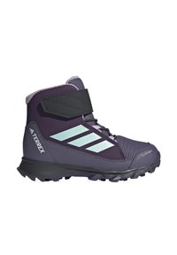 Purple hiking boots with a leather and synthetic upper, rubber outsole, textile tongue, adjustable strap, and three light blue stripes.