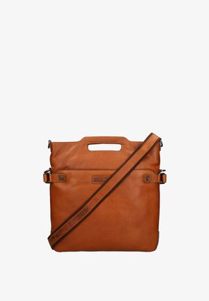 Bruine leren grote tas met ingebouwde handgreep en verstelbare schouderriem, rechthoekige vorm en gestikte details.