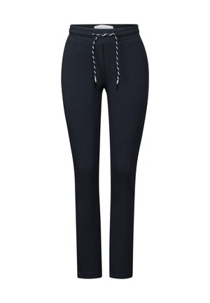 Marineblaue Baumwollhosen mit strukturiertem Finish, ausgestattet mit einem elastischen Bund, einer Kordel mit kontrastierenden Farben und schmal zulaufenden Beinen.