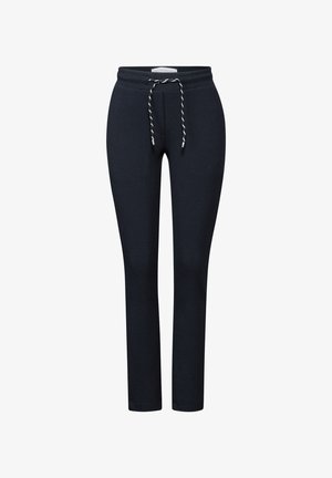 Marineblaue Baumwollhosen mit strukturiertem Finish, ausgestattet mit einem elastischen Bund, einer Kordel mit kontrastierenden Farben und schmal zulaufenden Beinen.
