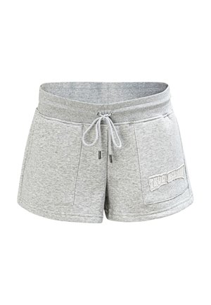 Grijze katoenen blend shorts met een elastische tailleband, trekkoord, twee zijzakken en een gestructureerde logopatch. Ontwerp tot halverwege de dij.