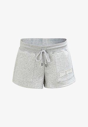 Szare szorty z mieszanki bawełny z elastycznym paskiem w talii, sznurkiem, dwiema bocznymi kieszeniami oraz teksturowaną łatą z logo. Projekt o długości do połowy uda.
