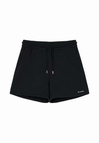 Shorts noirs en tissu doux, dotés d'une taille élastique avec cordon de serrage, de poches latérales et d'un petit logo blanc en bas.
