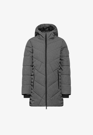 Grau gesteppten Daunenjacke mit Kapuze, versehen mit einem Reißverschluss vorne, Zickzack-Steppdesign, seitlichen Reißverschlusstaschen und elastischen Bündchen.