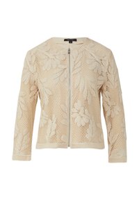 Kurtka bomber z koronki w jasnym beżu, z teksturowanym, kwiatowym wzorem, pełnym zamkiem z przodu oraz rękawami o długości trzech kwart.