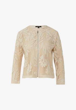 Kanten bomberjack in lichtbeige, met een gestructureerd, bloemmotief, volledige voorkantrits en driekwart mouwen.