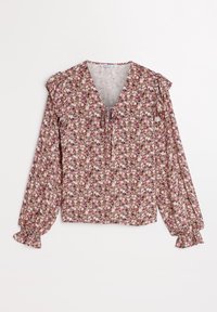 Kwiatowa bluzka z lekkiego materiału, z dekoltem w kształcie litery V, zawiązywaniem na środku, długimi bufkami oraz elastycznymi mankietami. Kolory obejmują różowy i kremowy.