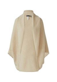 Cardigan en tricot beige avec une ouverture sur le devant, des manches larges et une finition texturée. Comprend deux poches latérales et une coupe décontractée.