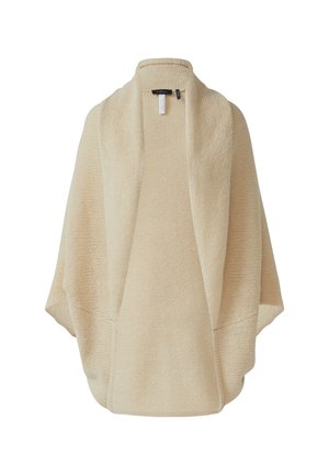 Cardigan en tricot beige avec une ouverture sur le devant, des manches larges et une finition texturée. Comprend deux poches latérales et une coupe décontractée.