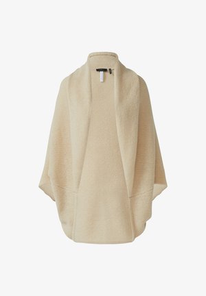 Beige Strickjacke mit offenem Vorderteil, weit geschnittenen Ärmeln und strukturiertem Finish. Verfügt über zwei seitliche Taschen und einen lockeren Fall.
