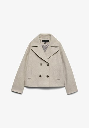 Lysegrå cropped uldjakke med dobbeltradet design, stor hakket krave, to sidelommer og runde sorte knapper.