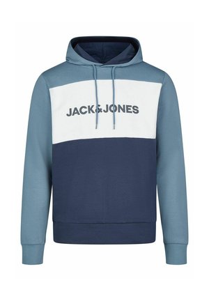 Hoody met een kleurblokontwerp in lichtblauw, donkerblauw en wit. De logo-opdruk aan de voorkant luidt "JACK & JONES." Zachte stofkwaliteit.