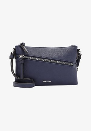 Borsa a tracolla in pelle blu navy con finitura testurizzata, dotata di un compartimento con zip, tracolla staccabile e accessori in metallo argentato.
