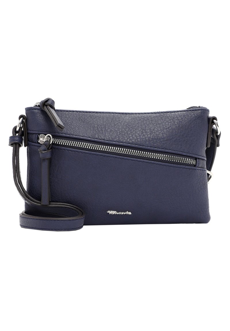 Borsa a tracolla in pelle blu navy con finitura testurizzata, dotata di un compartimento con zip, tracolla staccabile e accessori in metallo argentato.
