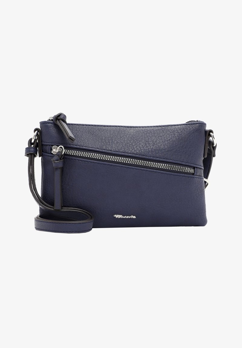 Borsa a tracolla in pelle blu navy con finitura testurizzata, dotata di un compartimento con zip, tracolla staccabile e accessori in metallo argentato.