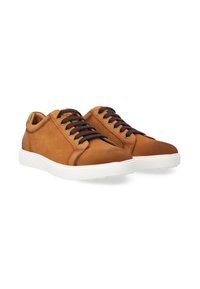 Braune Wildleder-Sneaker mit Netzpaneelen, ausgestattet mit dunklen Schnürsenkeln, weißer Gummisohle und silbernen Ösen. Abgerundete Zehenform und komfortables Design.