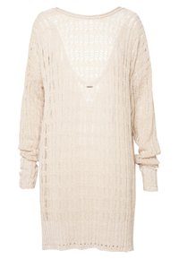 Pull léger beige en tricot avec un dos en V, des manches longues et une coupe ample. Présente des rayures verticales et un motif texturé sur l'ensemble.