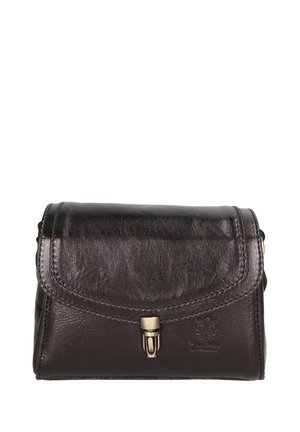 Piccola borsa nera in pelle con patta e chiusura centrale a fermaglio metallico, che mostra un logo in rilievo sottile sul lato inferiore destro.