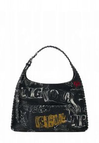 Black handbag with a braided strap, featuring mixed text graphics, including "Desigual." It has a smooth texture and a curved silhouette.