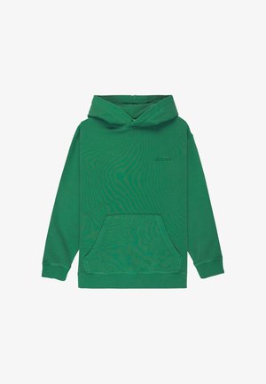 Zelená mikina s kapucňou, predným klokanie vreckom a malým logom "element" na hrudi, s rebrovanými manžetami a lemom.