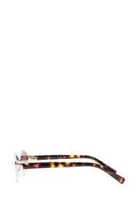 Occhiali da sole tortoiseshell marrone con lenti rotonde, montatura frontale trasparente e aste eleganti con un motivo sottile. Marcatura CE.