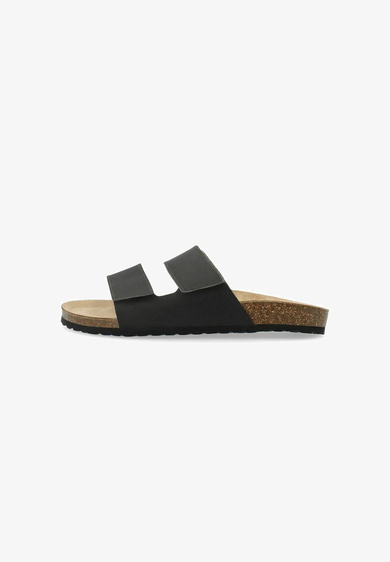Sandalia negra de slide con dos correas ajustables, plantilla de corcho y suela de goma texturizada. Diseño minimalista con un acabado de cuero suave.