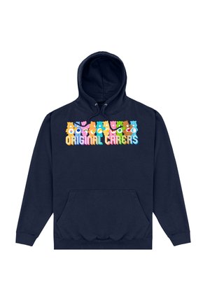 Felpa navy con cappuccio e cordino, tasca frontale e grafica di un personaggio dei cartoni animati vivace con colori multipli e il testo "ORIGINAL CARERS."