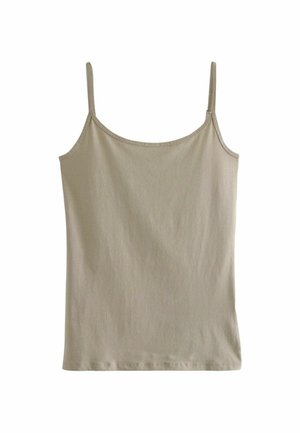 Beige tanktop van zacht, rekbaar materiaal met dunne spaghettibandjes en een ronde halslijn, met een gladde textuur en een eenvoudig ontwerp.
